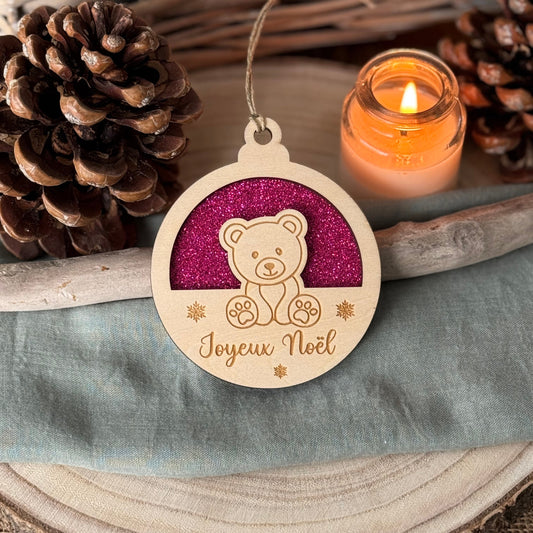 boule de noël en bois bois avec motif nounours décoration artisanale pour sapin