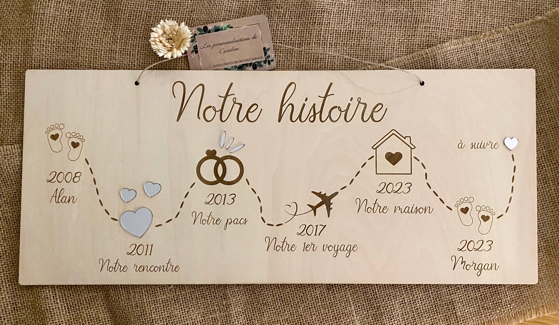 Panneau en bois personnalisé "notre histoire", décoration murale pour couple, racontant mariage, naissance, premier voyage...