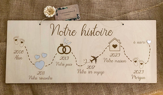Panneau en bois personnalisé "notre histoire", décoration murale pour couple, racontant mariage, naissance, premier voyage...