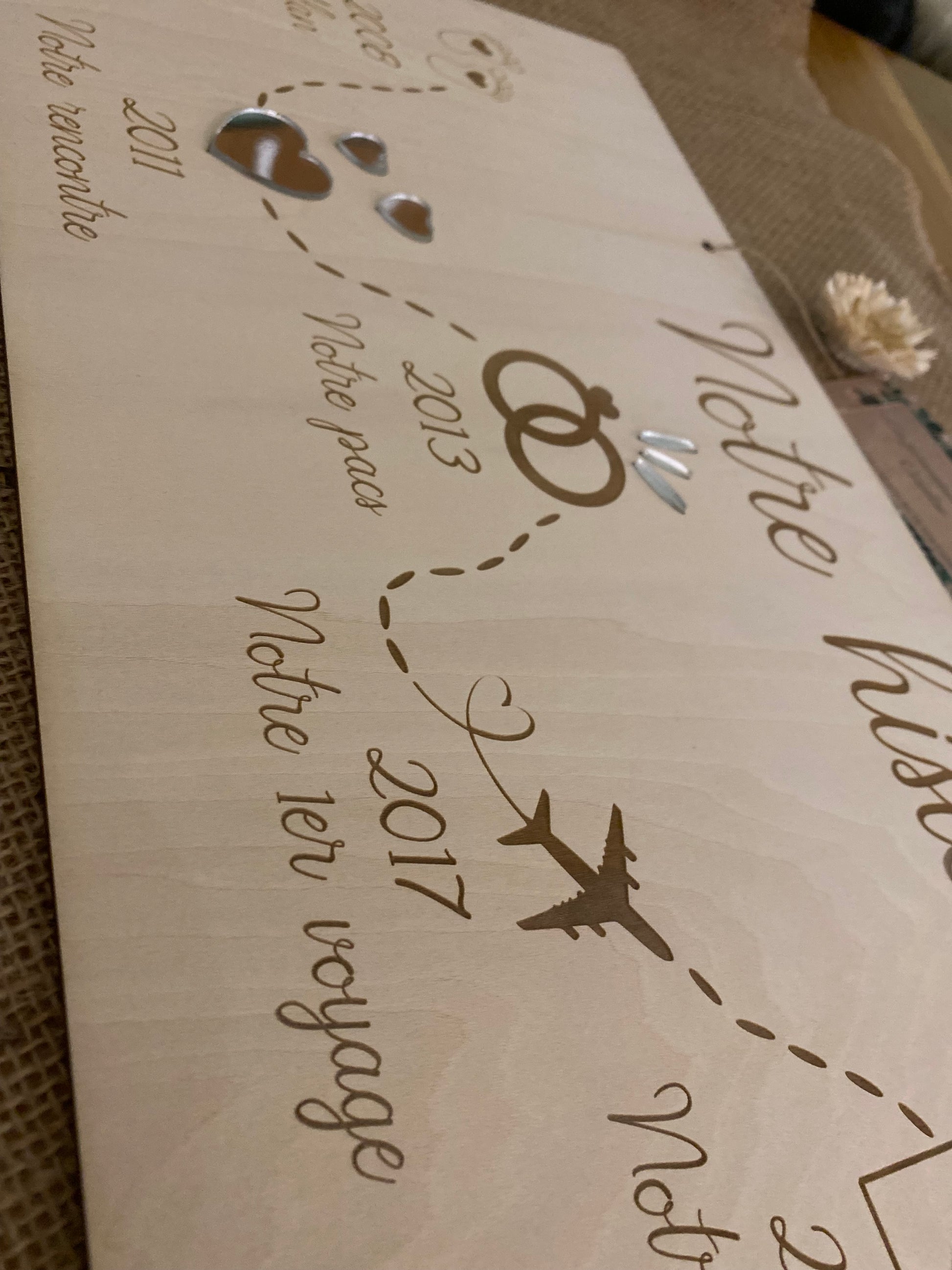Panneau en bois personnalisé "notre histoire", décoration murale pour couple, racontant mariage, naissance, premier voyage...